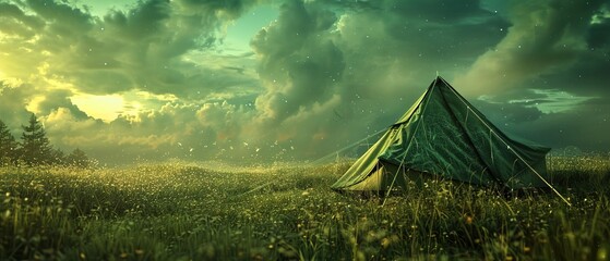 Wall Mural - Glowing green tent camping at meadow grass, green sky 