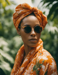 Wall Mural - A serene portrait of a woman wearing orange-tinted sunglasses, set against a lush, tropical backgroud