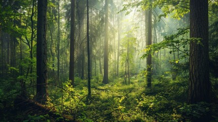 Canvas Print - Sunbeams in the Green Forest