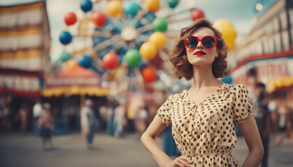 Wall Mural - A woman in a retro polka-dot dress and large sunglasses, holding a colorful balloon