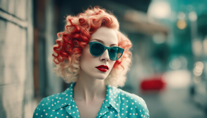 Wall Mural - A woman with a vintage hairstyle, combining platinum blonde and bright red curls. She wears red-fram