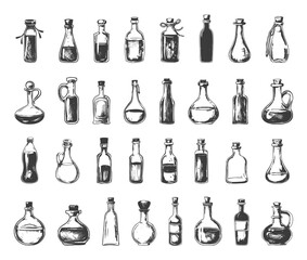 Wall Mural - Oil Bottles Icons Set Simple Line Art Engraving Style White Background Vintage Woodcut Design Retro Illustrations