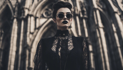 Wall Mural - A woman with dark, dramatic makeup and a Victorian-inspired outfit, standing in front of a Gothic 