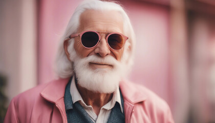 Wall Mural - An elderly man with a long white beard and stylish white hair, wearing retro sunglasses and a pink