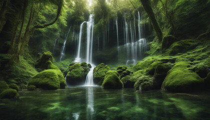  In the middle of a dense, green forest, a waterfall made entirely of glass cascades down a rocky