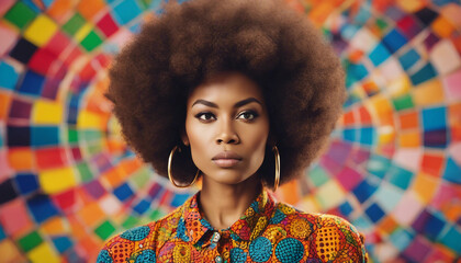 Wall Mural - This image features a woman with a large, natural afro hairstyle, set against a bright, pop-art