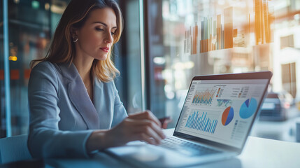 Wall Mural - A focused businesswoman analyzing financial reports on her laptop with a modern office backdrop