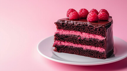 Delicious chocolate raspberry cake slices served on a white plate against a pink background