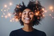 © Leo Rohmann - Smiling woman with afro hairstyle surrounded by glowing neural connections symbolizing joy creativity and the power of diverse thought in a vibrant modern setting