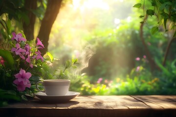 Steaming cup of coffee on wooden table in garden at sunrise