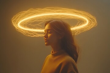 Canvas Print - Woman with a glowing halo of light encircling her head symbolizing enlightenment inner peace and spiritual awakening in a serene minimalistic environment