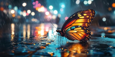 A beautiful colorful butterfly sits on a wet city street, its wings glistening in the rain. The city lights are reflected in the puddles.