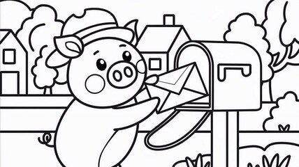 Wall Mural - A cute pig puts a letter in the mailbox. Coloring book for children. Simple black lines, high quality. 