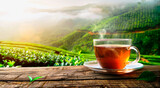 A cup of hot tea and green tea leaves on a wooden table on the tea plantations background. Banner. Copy space.