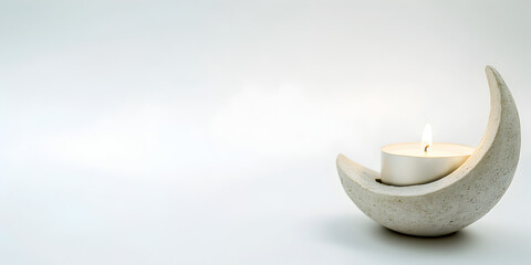 Moon phase candle holder web banner. Celestial decor on white background with minimalist style.