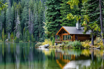 Wall Mural - Serene Rustic Log Cabin by Mountain Lake Surrounded by Evergreen Forest in Tranquil Nature Setting, Ideal for Relaxation and Adventure