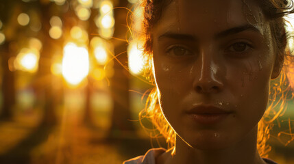 Wall Mural - A close-up shot of a woman jogging in the early morning light, focused expression, beads of sweat on