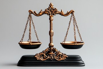 A vintage-inspired balance scale with ornate detailing, used as a centerpiece in a legal office, symbolizing justice and integrity