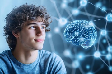 Sticker - Young man with curly hair surrounded by a digital network and a glowing brain icon symbolizing the intersection of youth technology and the pursuit of knowledge in a digitally connected world