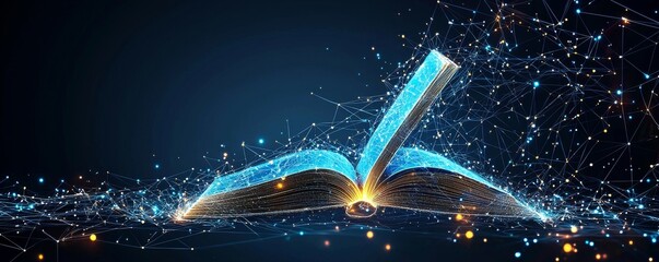 Wall Mural - futuristic open book emerging from a laptop with digital network connections and glowing lights