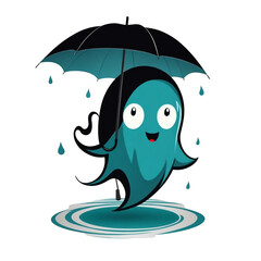 A ghost with a happy expression holds a black and teal umbrella