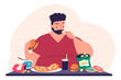 © ssstocker - Binge eating disorder. Overeating problem, fat hungry man eat hamburger pizza unhealthy fast food addiction, obesity overweight or mental disease concept vector illustration