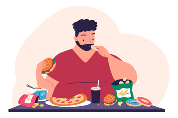 Binge eating disorder. Overeating problem, fat hungry man eat hamburger pizza unhealthy fast food addiction, obesity overweight or mental disease concept vector illustration