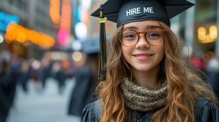 Young woman smiling during outdoor graduation ceremony, wearing decorated cap with 