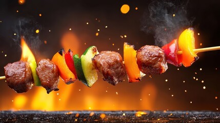 Wall Mural - Flame-Kissed BBQ Skewers - Vibrant Scene with Copy Space for Text