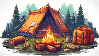 Wall Mural - Camp Life Pixelated Scene- 16-bit pixel art featuring camping tent with campfire, backpack and forest behind. Game Design assets on white background. Graphic art 8 bit illustration