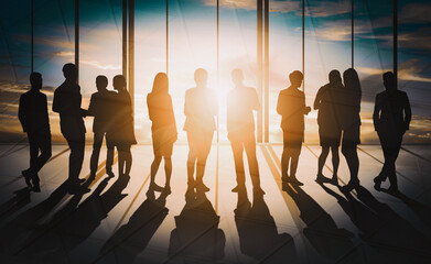 Wall Mural - double exposure image of many business people conference group meeting on city office building in ba