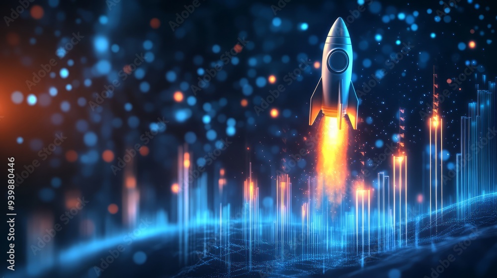 Growing bar chart with rocket moving up. Abstract rocket launch and ...