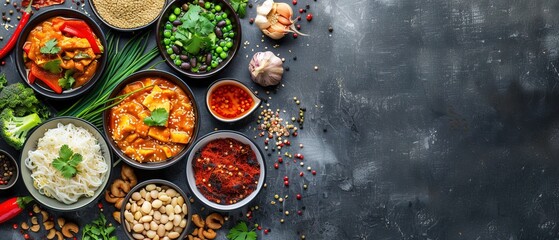 Wall Mural - Asian food background with various ingredients on rustic stone background, top view