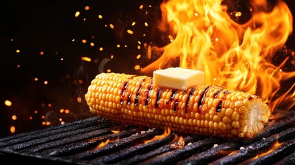 Flaming Hot BBQ Delight - Grilled Corn on the Cob with Butter and Copy Space for Text, Backyard BBQ Essentials Concept