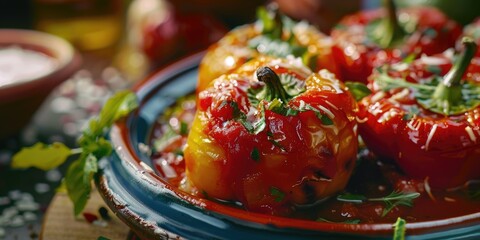 Poster - Stuffed Peppers in Tomato Sauce - Traditional Recipe from Italian Cuisine