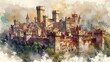© Nawarit - Fortified medieval town, Fantasy, Earthy, Watercolor, Emphasizing historical defense