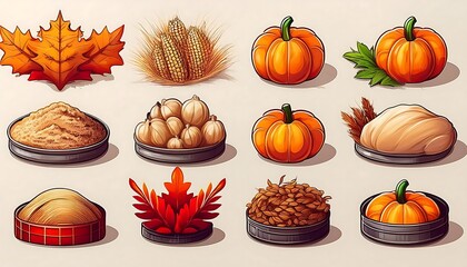 Wall Mural - Autumn Harvest Pixelated Icons - 16-bit pixel art set featuring icons related to autumn harvesting - pumpkin, leaves, pie and corn. Graphic art 8 bit illustration
