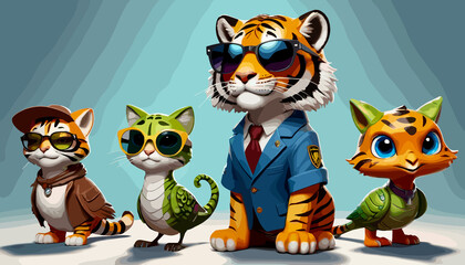 tiger wearing uniform tie sunglasses with friends characters 