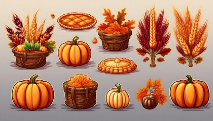 Wall Mural - Autumn Harvest Pixelated Icons - 16-bit pixel art set featuring icons related to autumn harvesting - pumpkin, leaves, pie and corn. Graphic art 8 bit illustration. Ai generative