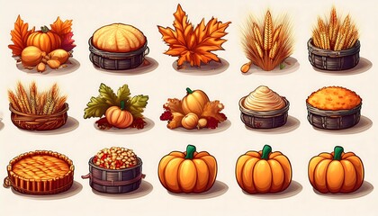 Wall Mural - Autumn Harvest Pixelated Icons - 16-bit pixel art set featuring icons related to autumn harvesting - pumpkin, leaves, pie and corn on white background. Graphic art 8 bit illustration