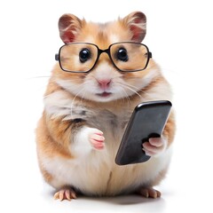 tech-savvy hamster in glasses holding a smartphone