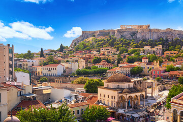 Skyline of Athens with Monastiraki square and Acropolis hill during sunset. Athens, Greece.