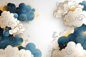 Poster - Abstract Clouds with Gold Outline and Watercolor Wash Background