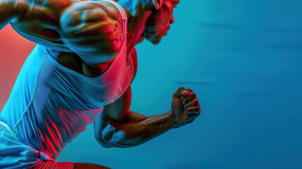 Wall Mural - A close-up shot of an athlete's upper body in a powerful sprint, highlighting the muscular arms and torso,