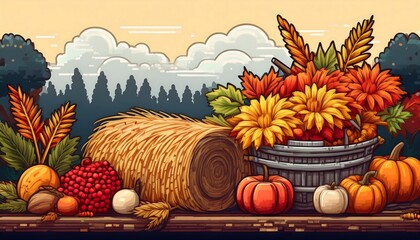 Wall Mural - Autumn Farm Pixelated Scene - 16-bit pixel art set of autumn harvesting icons - pumpkin, wheat, corns. Graphic art 8 bit illustration. Harvesting wallpaper