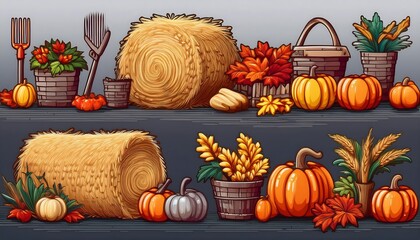 Wall Mural - Autumn Farm Pixelated Icons - 16-bit pixel art set of autumn harvesting icons - pumpkin, wheat, barn. Graphic art 8 bit illustration. Ai Generative