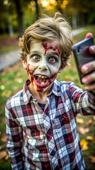 Zombie kid taking selfies on Halloween