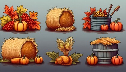 Wall Mural - Autumn Farm Pixelated Icons - 16-bit pixel art set of autumn harvesting icons - pumpkin, wheat, barn. Graphic art 8 bit illustration. Harvesting game dev assets