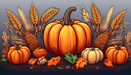 Wall Mural - Harvest Festival Clipart - 16-bit pixel art illustration of autumn harvesting symbols - pumpkins wheat, corn. Graphic art 8 bit illustration on dark background