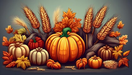 Wall Mural - Harvest Festival Clipart - 16-bit pixel art illustration of autumn harvesting symbols - pumpkins wheat, corn. Graphic art 8 bit illustration isolated on dark background